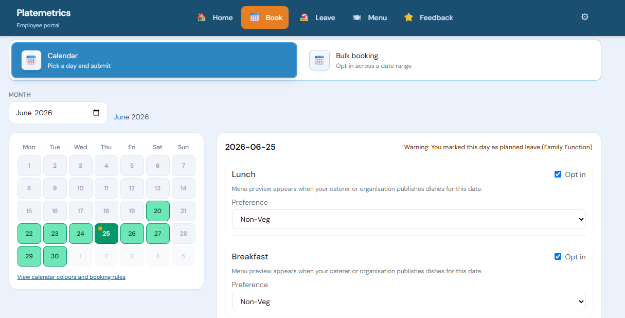 Employee meal booking calendar with date selection and meal preferences